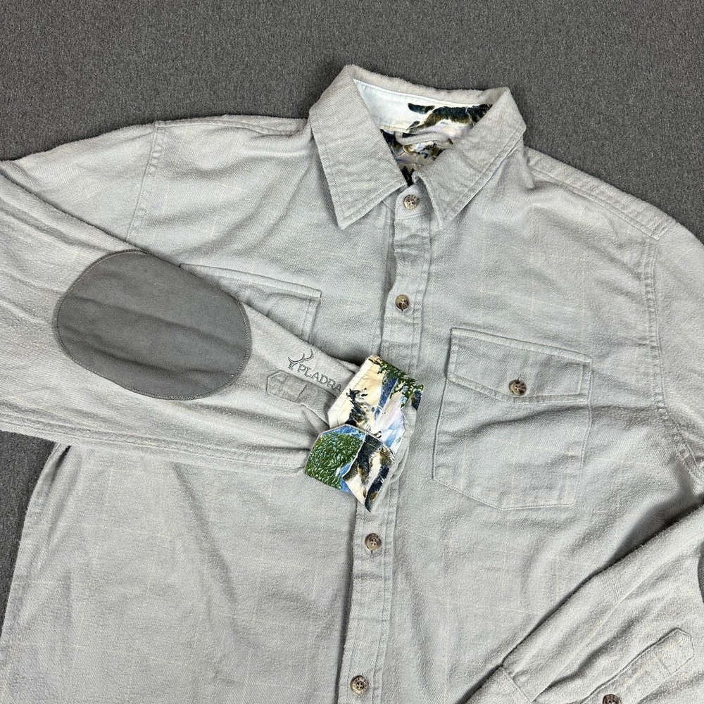 Pladra Mens L Gray Flannel Shirt Wolf Print Collar Elbow Patches Made in USA